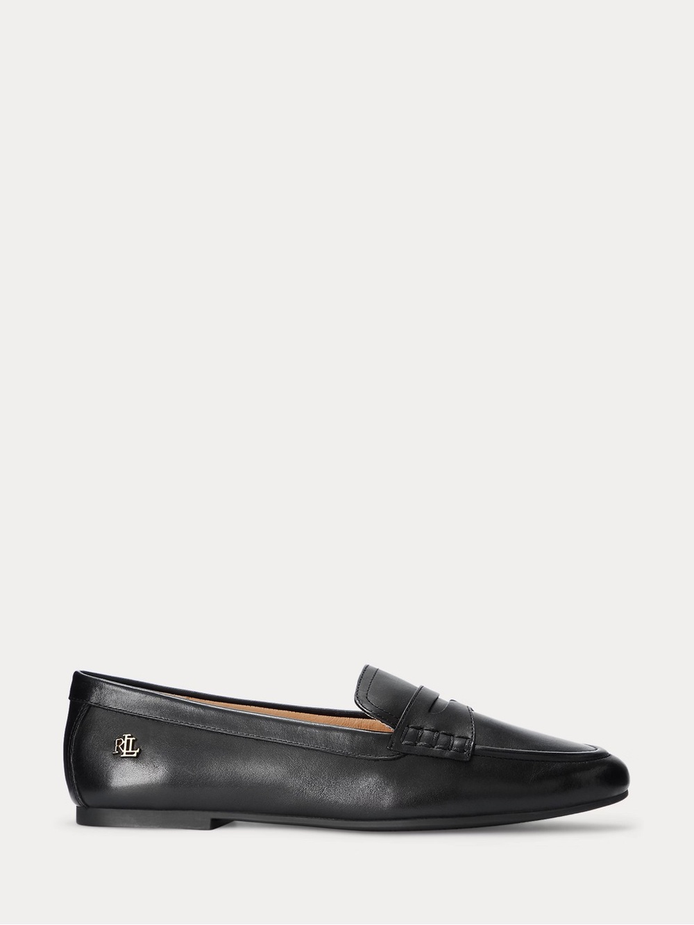 Ralph Lauren Addison Black Burnished Leather Penny Loafers with Gold RL Accent